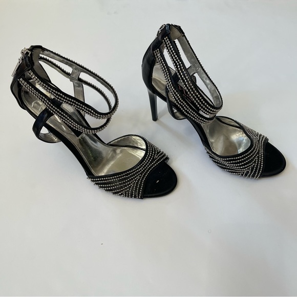 Black Rhinestone Embellished Open-toe Strappy Stiletto Heels - Picture 4 of 13
